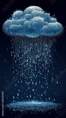 Sparkling digitally rendered cloud creates glistening rain. Shimmering water drops fall onto a luminous surface below.