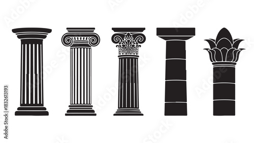 Set of architectural column icons classic building elements in black and white vector illustration isolated on white background
