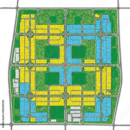 An aerial view showcases a detailed urban development plan, highlighting residential zones, green spaces, and integrated infrastructure within a structured layout.