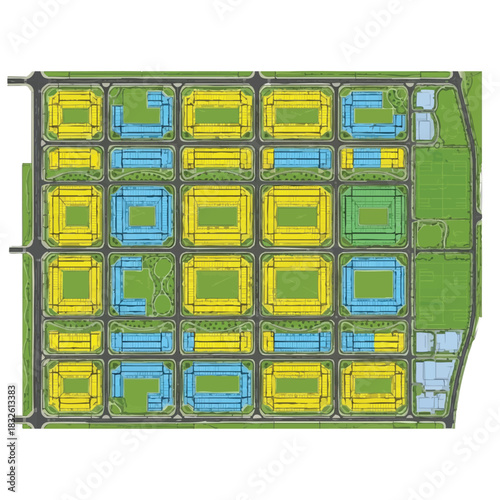 A detailed aerial plan showcasing a modern urban development with residential areas, green spaces, and infrastructure for future city planning.