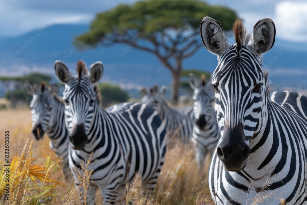 Naklejka premium a large herd of zebras and other animals in the serengeti, with clouds overhead