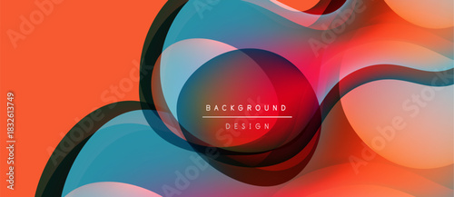 Abstract fluid shapes overlap, creating vibrant color gradients. Orange, blue, black hues blend seamlessly. Modern design element.