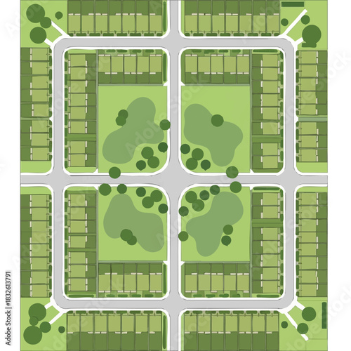 An architectural overhead view showcases a planned community design with houses, green spaces, and roads, offering a glimpse into urban planning and development.