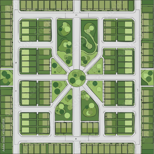 An architectural illustration showcases an aerial view of a planned community, emphasizing green spaces and organized residential areas.