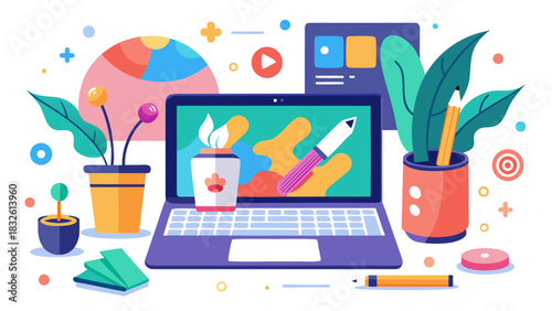 Modern laptop with colorful abstract screen on wooden desk with plants and creative workspace elements