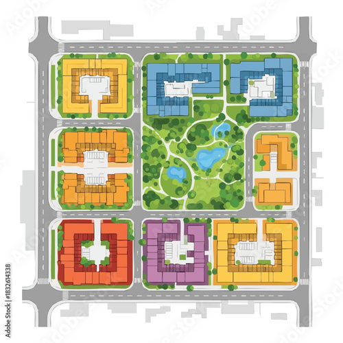 An architectural illustration showcases a colorful urban planning concept with diverse buildings, green spaces, and a harmonious neighborhood layout.