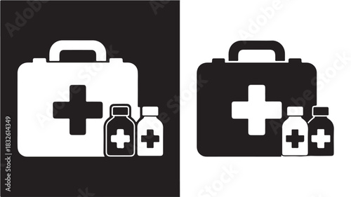 First aid kit icon with medicine bottles simple vector glyph illustration for healthcare and medical design isolated on white and black background
