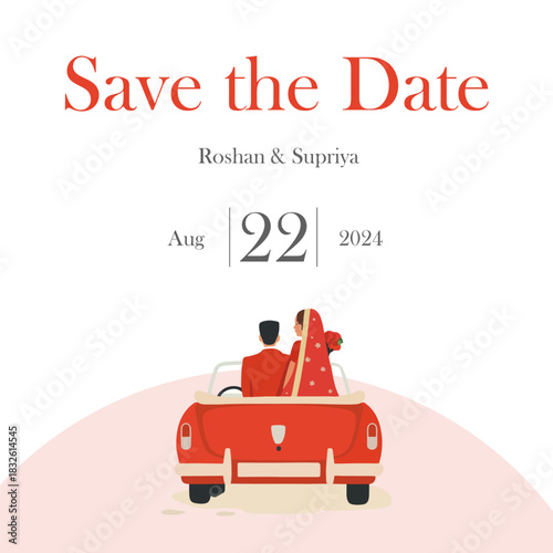 Romantic Indian Save the Date Card Couple in Convertible Car Wedding Invitation