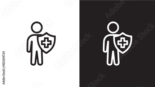 Person holding a shield with a plus sign line icon vector illustration for health insurance protection and medical care concepts