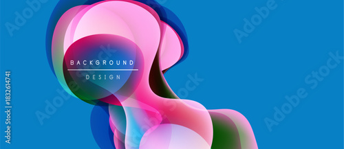 Abstract fluid shapes overlap, creating vibrant color gradients. Blue background emphasizes pink, teal, purple forms. Modern design element.