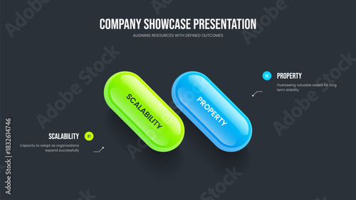 Market Growth Slide Template Vector Illustration. Visual Development Two Step Infographic Slideshow Layout. Company Launch 2 Option Diagram Presentation Design.
