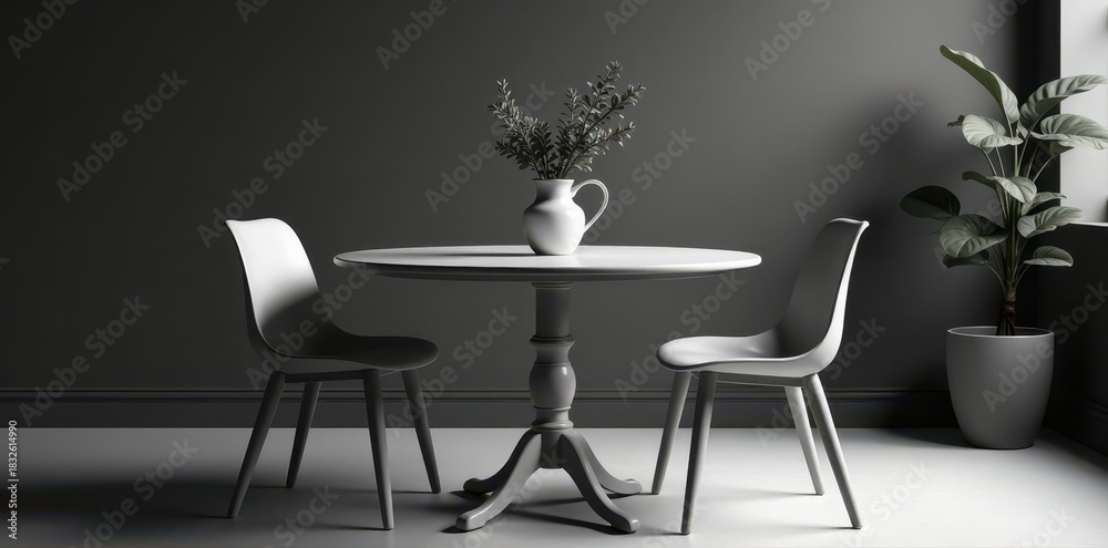 Fototapeta premium Classic four-chair table, monochrome, leafy plant , white, background