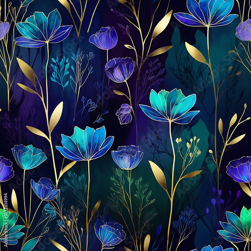 abstract wild irish glowing flowers in dark purple and blue gradient with green goldwn touch patels and brunches combination colors with water colors painting, minimalist outline style, thin brush use