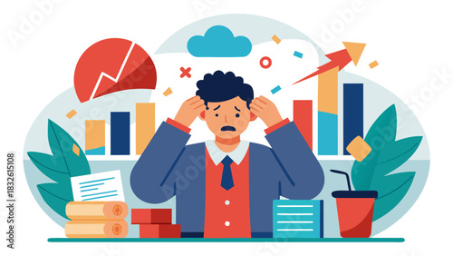 Stressed businessman overwhelmed by data and deadlines at office desk