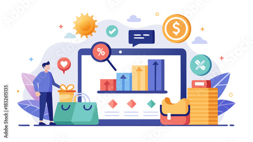 E-commerce business growth graph on a laptop screen with shopping bags and coins