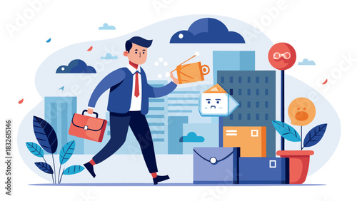 businessman walking with briefcase and mail, urban office environment