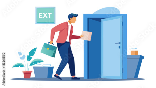 Businessman leaving office building with briefcase and papers