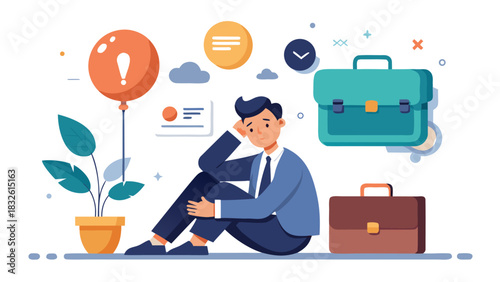 Stressed businessman sitting with briefcases and question mark