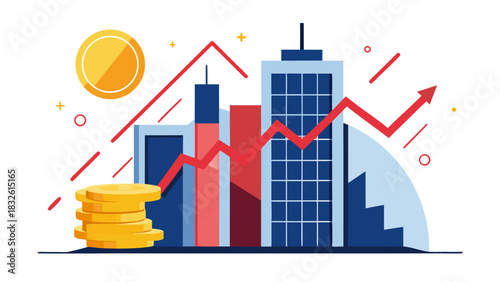 Business growth chart with cityscape and financial symbols