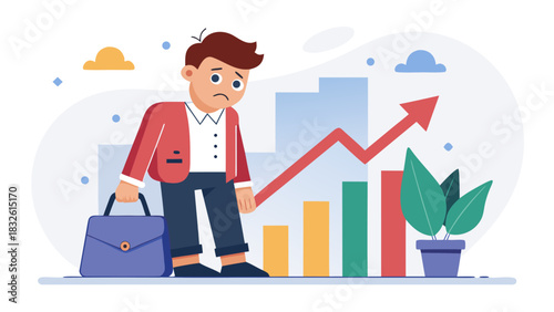Stressed businessman looking at rising graph with concern