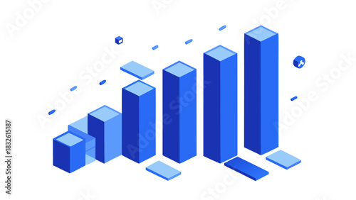 3D blue bar graph with ascending bars and floating blocks