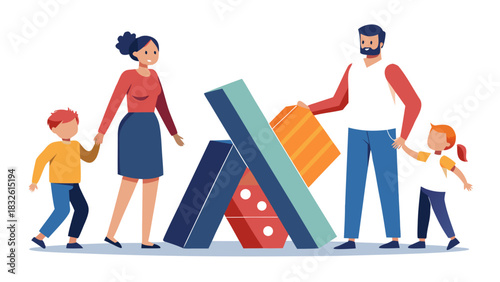 family building blocks together, parents and kids playing with colorful wooden blocks