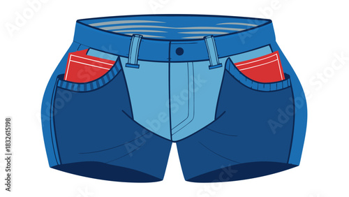Blue denim shorts with red pocket lining