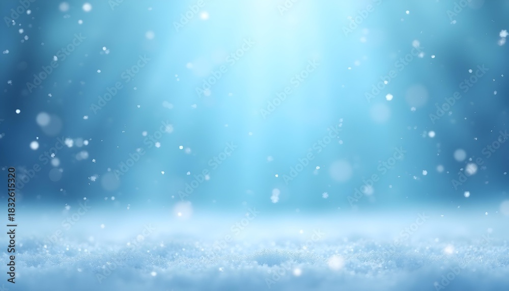 Fototapeta premium Wide shot of a frosty blue winter landscape under a soft, cold glow. White snowflakes drift down