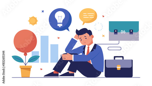 Stressed businessman sitting with briefcase and thinking of ideas