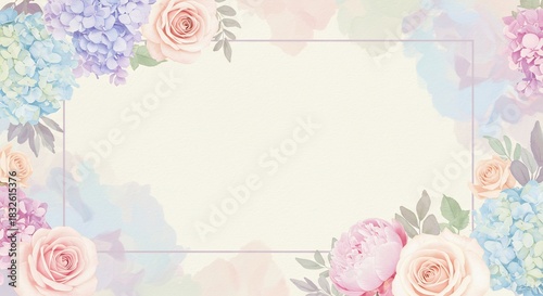 ふんわり水彩タッチのパステル花々が彩る上品な飾り枠 柔らかな光が差し込むような背景デザイン. AI Generated