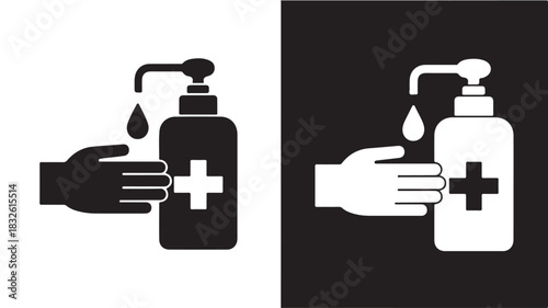 Hand sanitizer icon vector illustration of hand washing with antiseptic gel isolated on white and black background