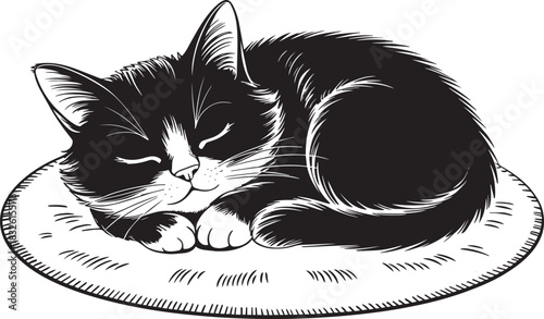 Sleeping feline on round pillow vector illustration on transparent background