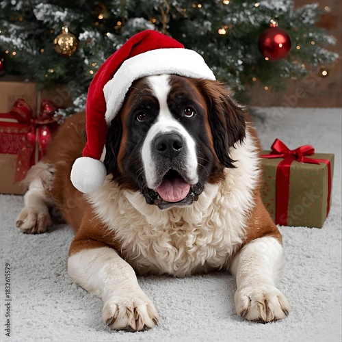 Christmas Saint bernard dog puppy with christmas gift