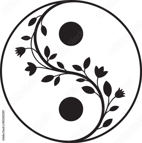 Yin yang symbol with floral branches and flowers in dark gray color concept design