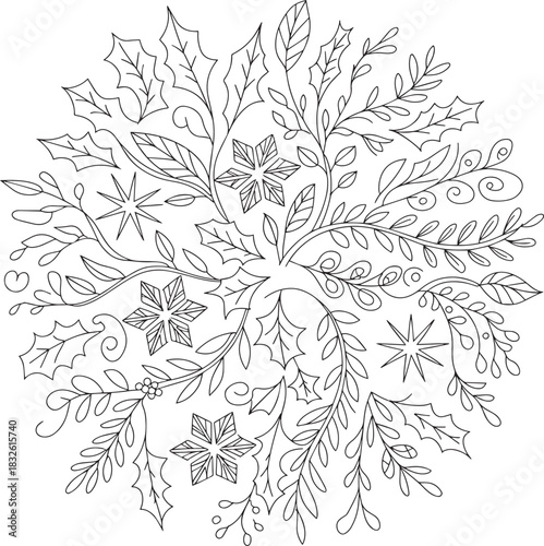 Winter circular pattern with holly leaves and stars on transparent background