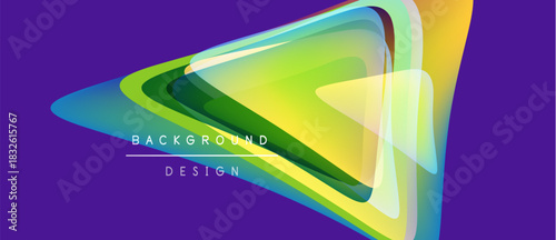 Abstract design features layered shapes, vibrant colors. Gradient transitions create dynamic visual effect on purple backdrop. Modern, sleek presentation.