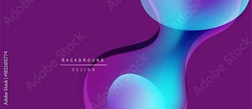 Abstract purple background features flowing blue shapes. Modern design elements create dynamic visual impact. Smooth gradients enhance overall aesthetic.