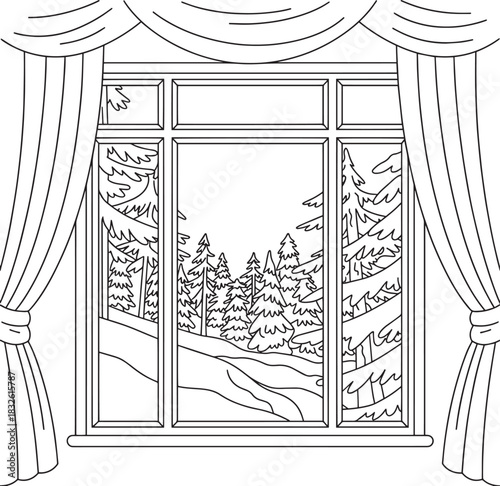 Winter scenery outside window with curtains coloring page for adults and children