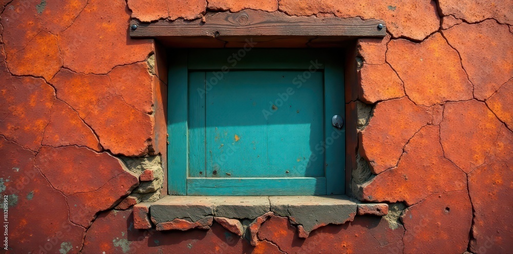 Naklejka premium Cracked wooden wall, single small pane window , worn, vertical, texture