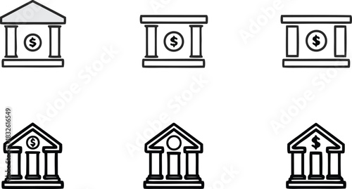 Collection of stylized bank building icons with dollar signs and a circle symbol on a black background