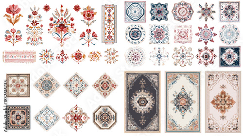 Ornamental floral and carpet inspired motifs featuring intricate shapes, classic borders, and elegant patterns ideal for textile design, decor themes, and artistic illustration.