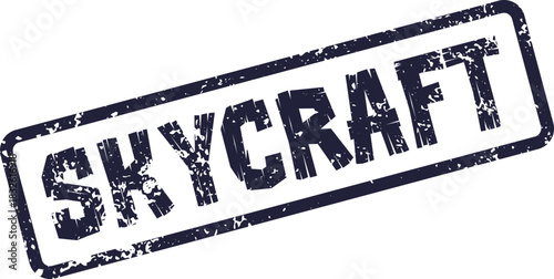 Distressed Skycraft rubber stamp impression in deep blue ink with rough edges and texture