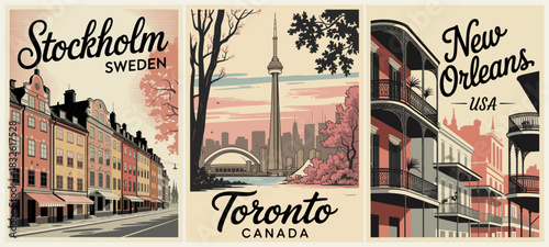 Set of three vintage-style travel posters featuring Stockholm, Toronto, and New Orleans with pink accents, cherry blossoms, and detailed city architecture