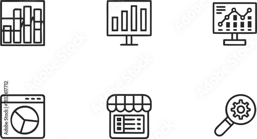 Collection of simple white line art icons representing data analysis business growth website analytics retail and search engine optimization on a black background