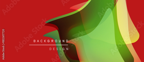 Abstract vibrant layers overlap. Red background contrasts green, yellow hues. Modern design elements create dynamic visual effect.