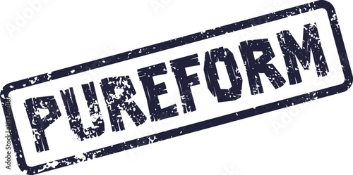 Distressed indigo rectangular stamp featuring the word PUREFORM symbolizing fundamental structure or refined excellence