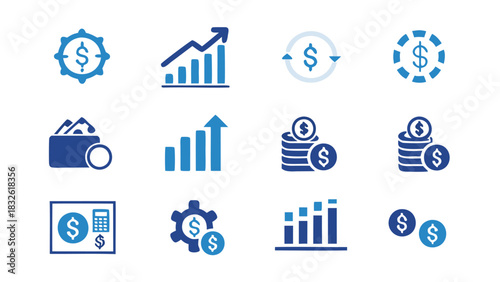 Collection of blue finance and money icons representing growth savings investment and financial management concepts