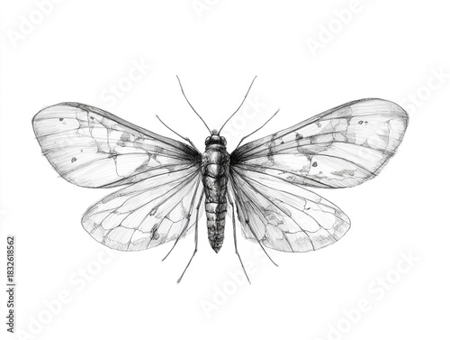 Fine pencil-drawn moth with minimal strokes isolated on white background