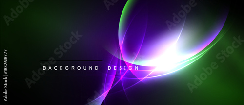 Abstract design features vibrant curves, glowing lines. Dark background contrasts bright purple, green hues. Modern aesthetic.