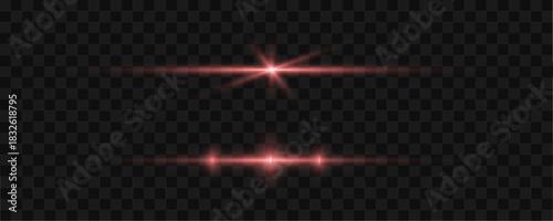 Bright red flare line glows with smooth radiant waves and soft luminous sparks. Powerful shine creates a vivid highlight. Red flare line vector.